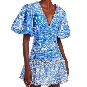 FARM RIO Blue Tile Dream Short Sleeve Mini Dress